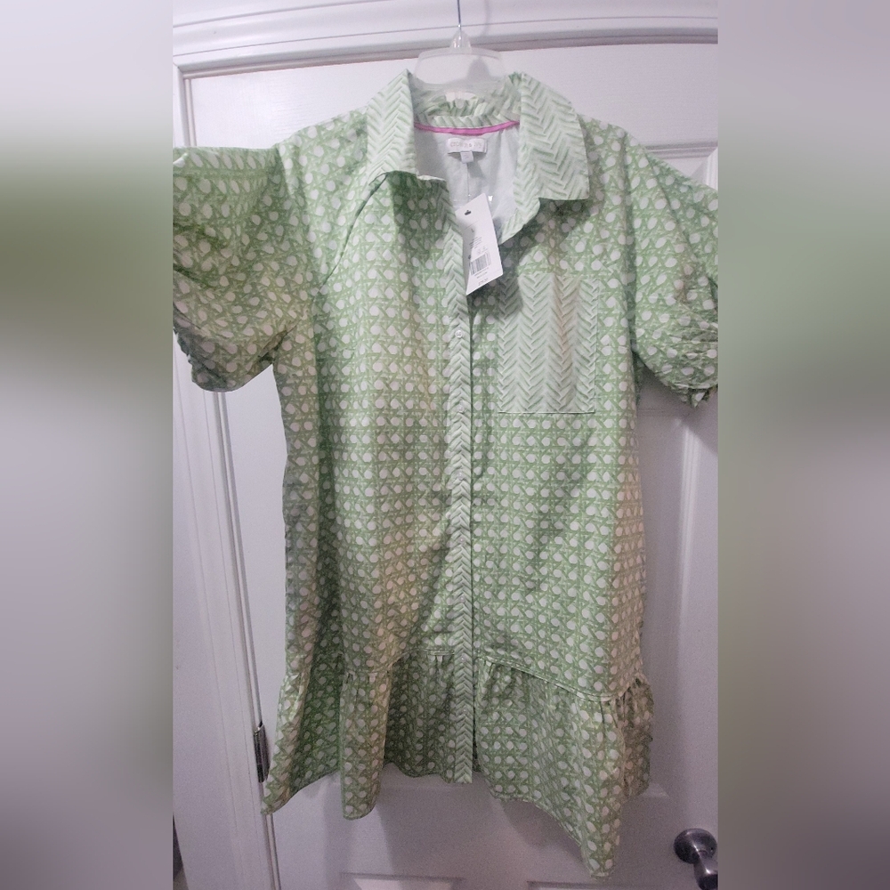 crown & ivy Light Green Printed Short Sleeve Shirt Dress